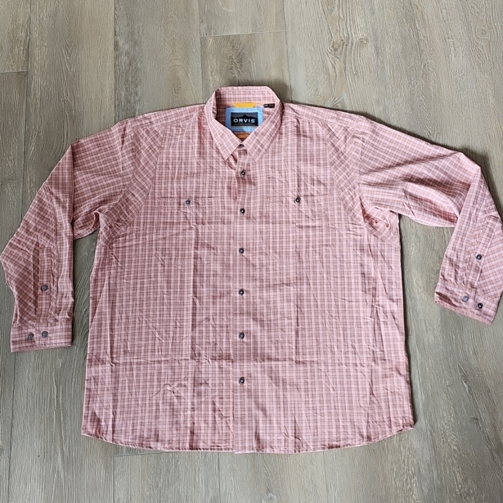 ORVIS Mens Orange/Peach Plaid Long Sleeve Button Up Shirt Size XXL, Active Fit